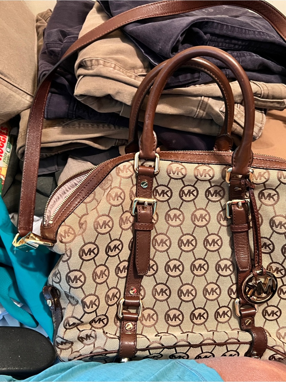 Michael Kors Beige and Brown MK Logo Satchel with Gold Hardware